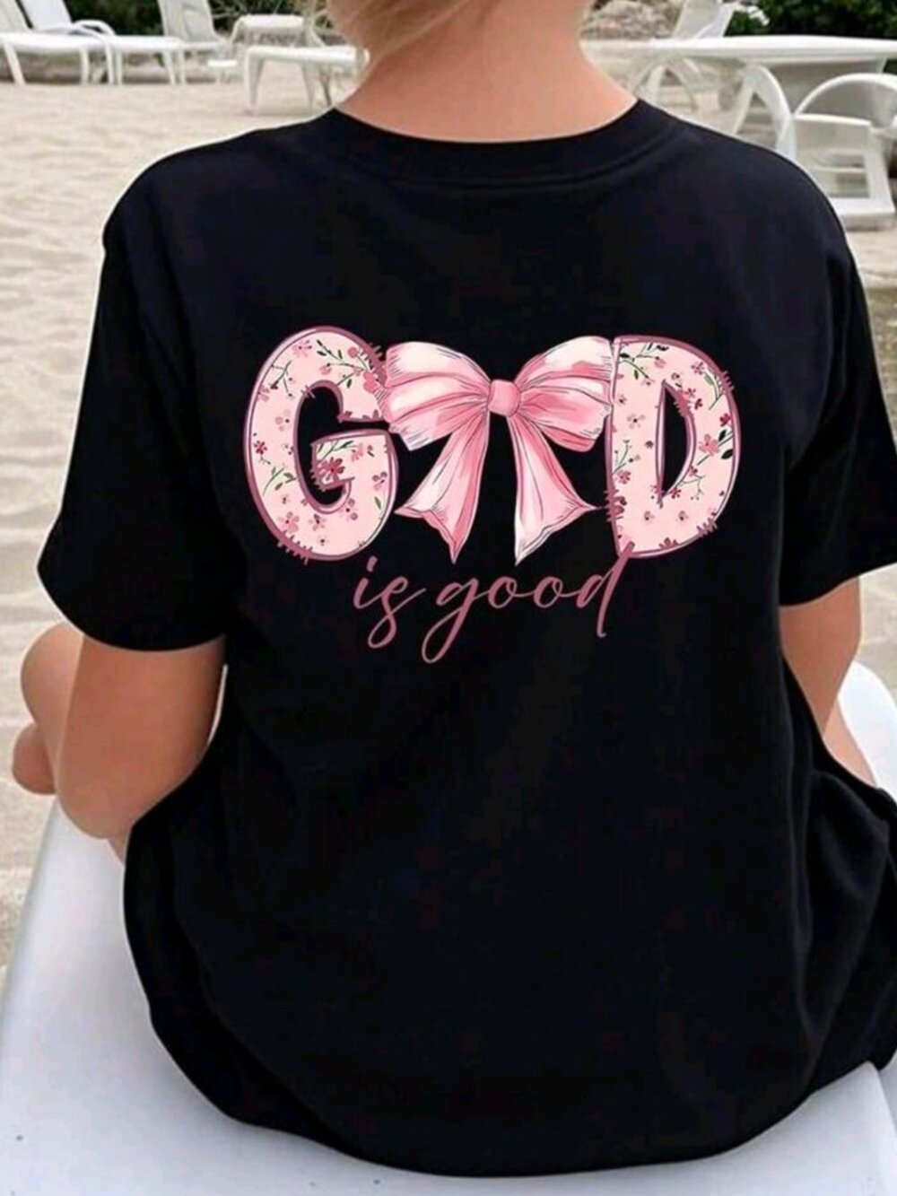 God Is Good ✦ Black Cotton T-Shirt ✦ Pink Bow Floral Graphic Loose Fit 5 NWT